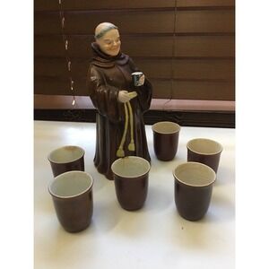 Antique 1940s Monk Wine Decanter Set Ceramic With 6 Cups Japan MCM Barware Brown